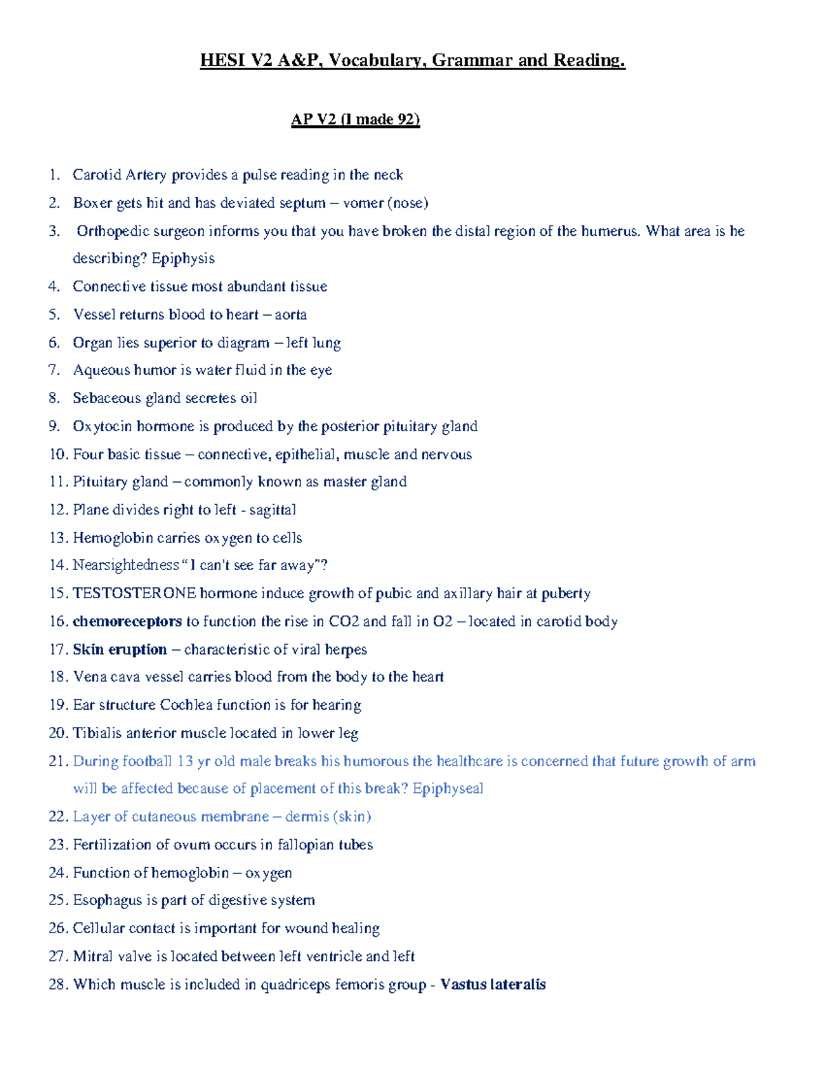 HESI V2 - HESI STUDY MATERIAL - HESI V2 A&P, Vocabulary, Grammar and ...