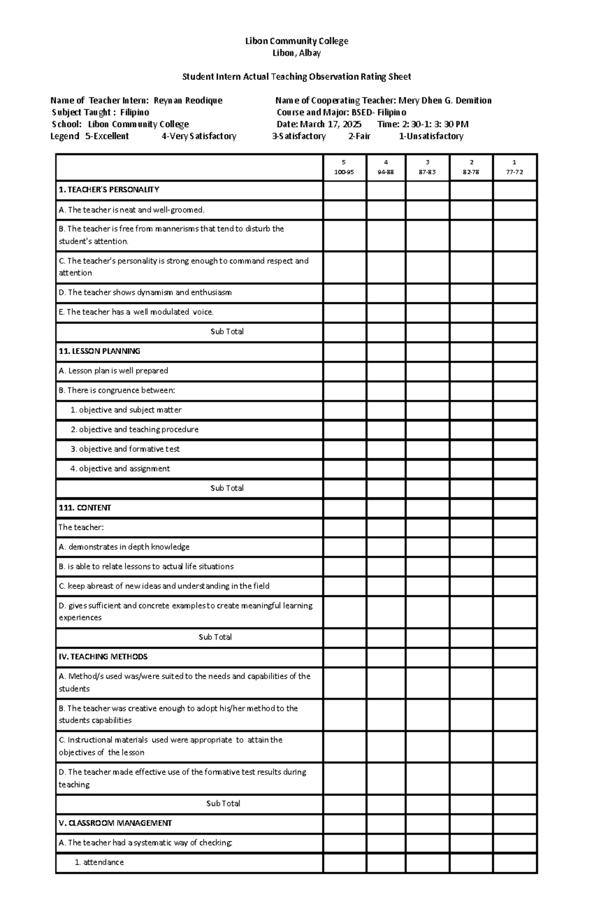 Filipino 101: Lesson demo observation rating sheet for teacher intern ...