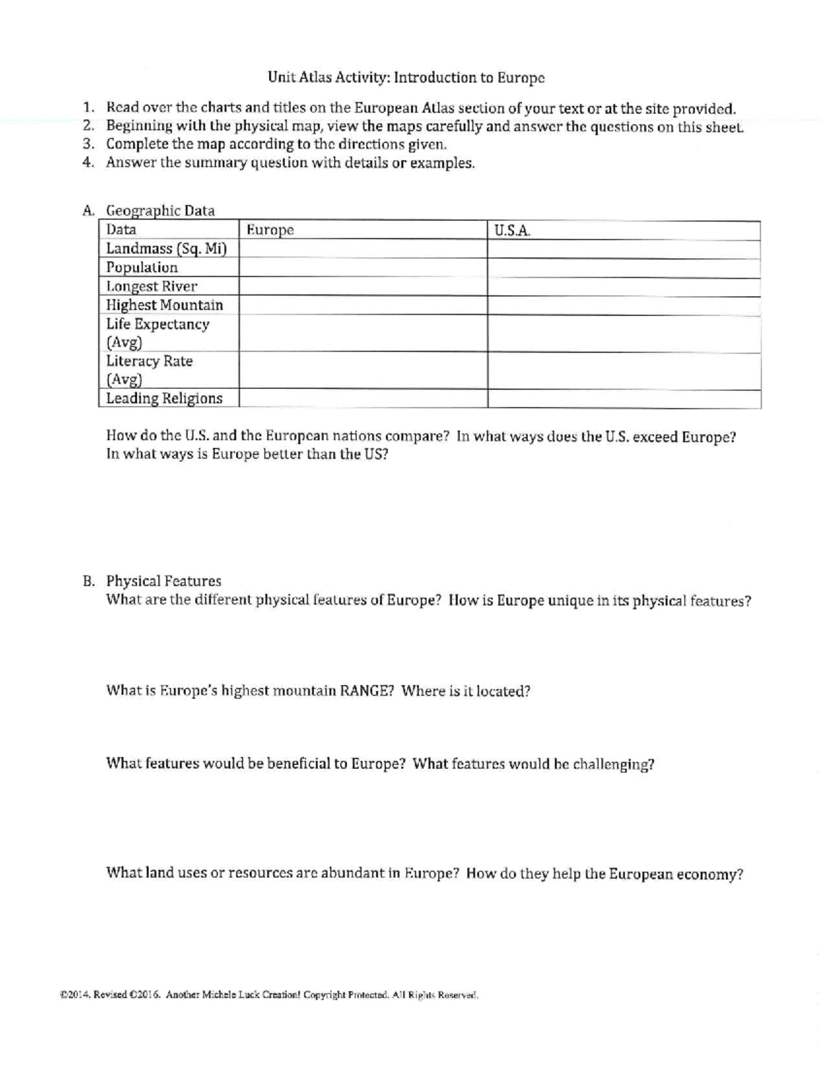 Europe Atlas Activity - Homework Guide for Understanding European ...