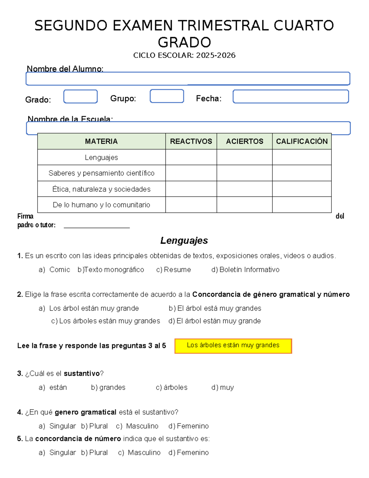 Segundo Examen Trimestral 4to Grado: Lenguajes y Saberes - Studocu