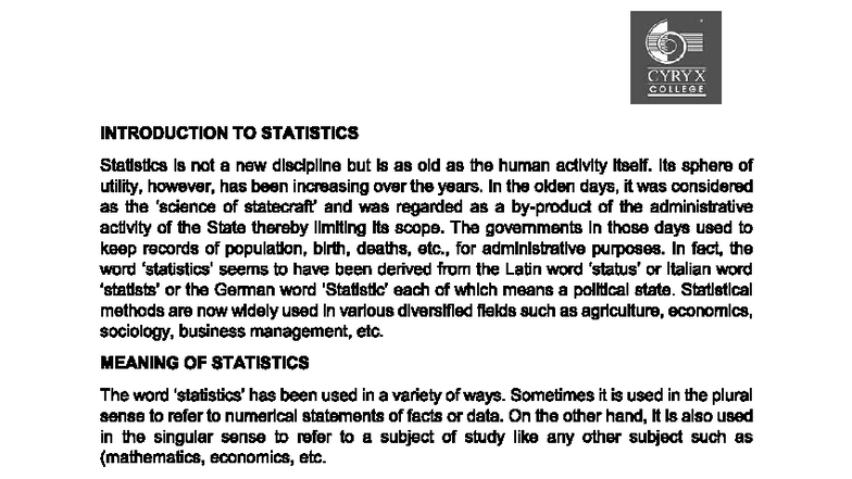 CYRYX COLLEGE INTRODUCTION TO STATISTICS: Central Tendency Notes - Studocu