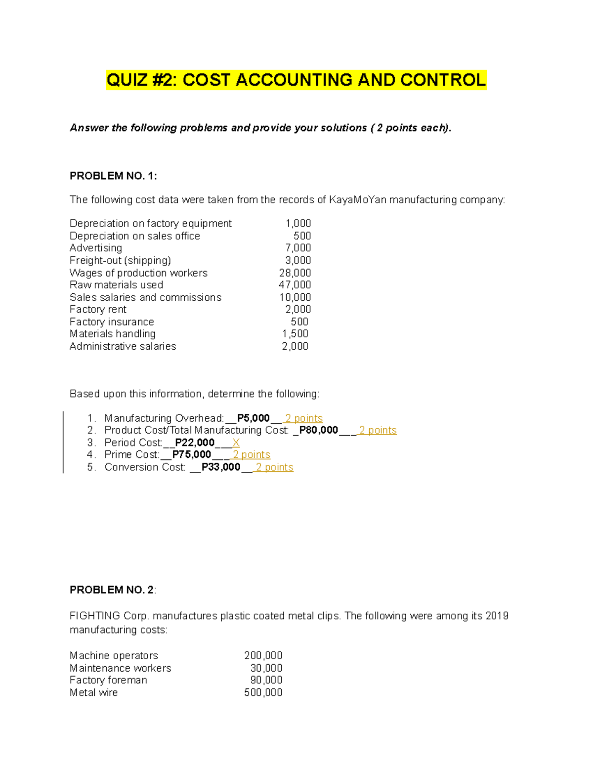 COST A 221: Accounting & Control Quiz #2 Solutions and Problems - Studocu