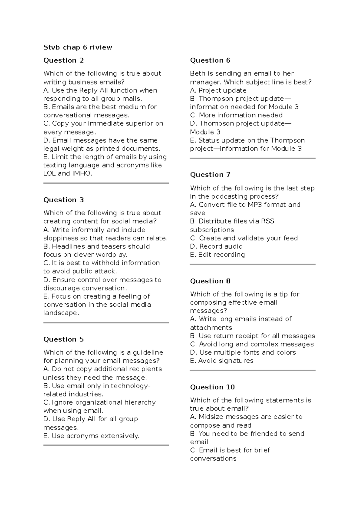 Stvb CH6 Review: Business Communication & Email Guidelines - Studocu