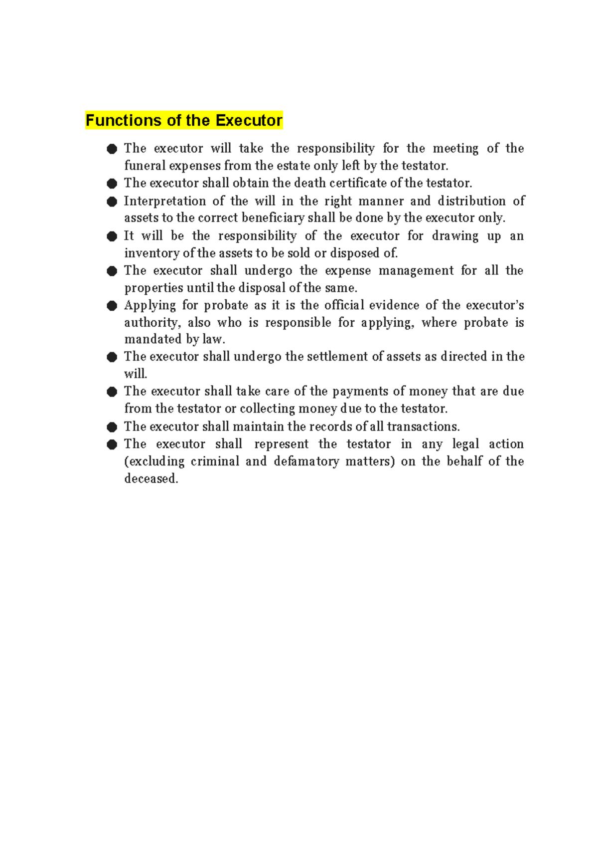 Functions of the Executor and Probate Process (Law 101) - Studocu