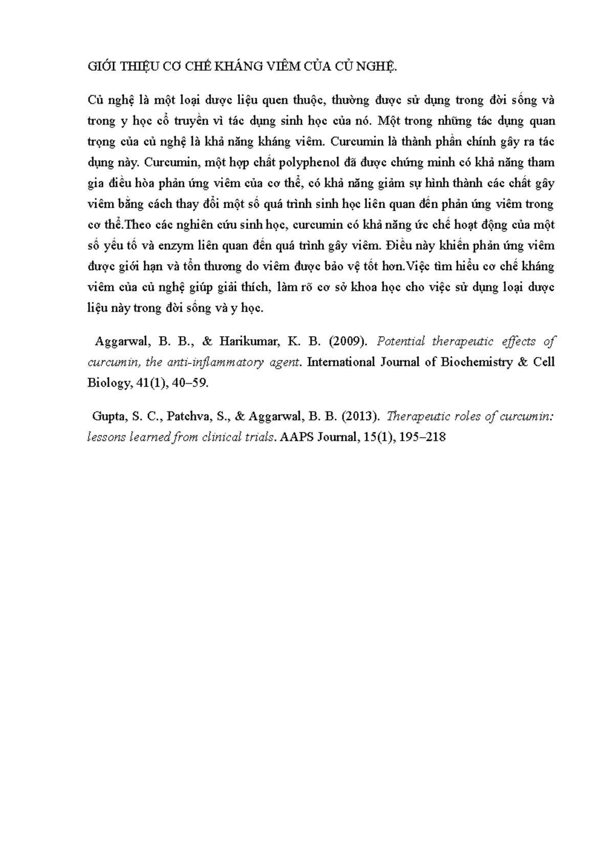 GIỚI THIỆU CƠ CHẾ KHÁNG VIÊM CỦA CỦ NGHỆ - ABC - Studocu