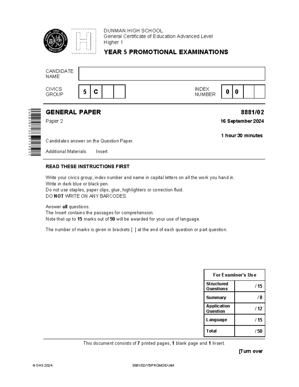 DHS 2024 Year 5 General Paper Promotional Exam Paper 2 - Studocu