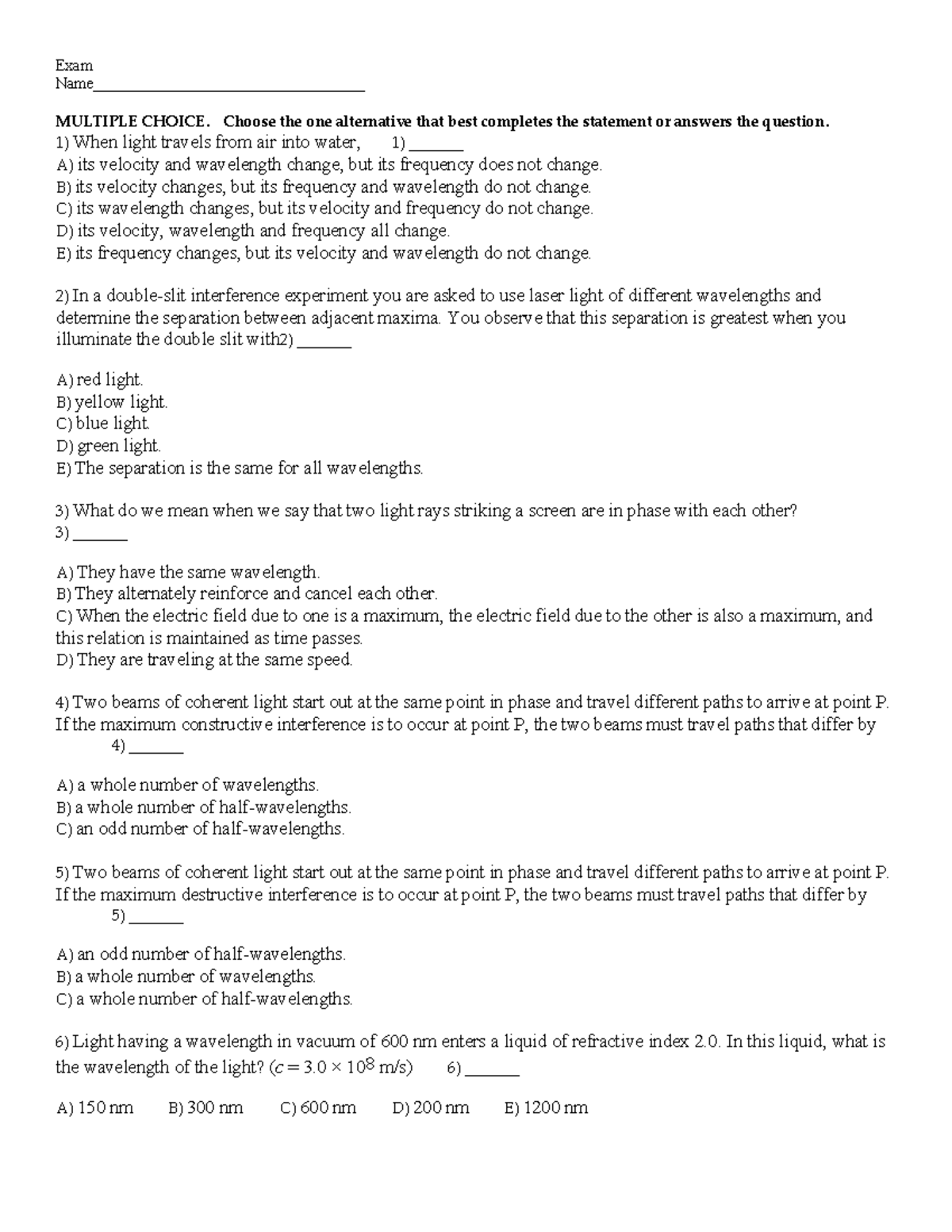 Practice Exam CH28: Multiple Choice Questions on Light and Waves - Studocu