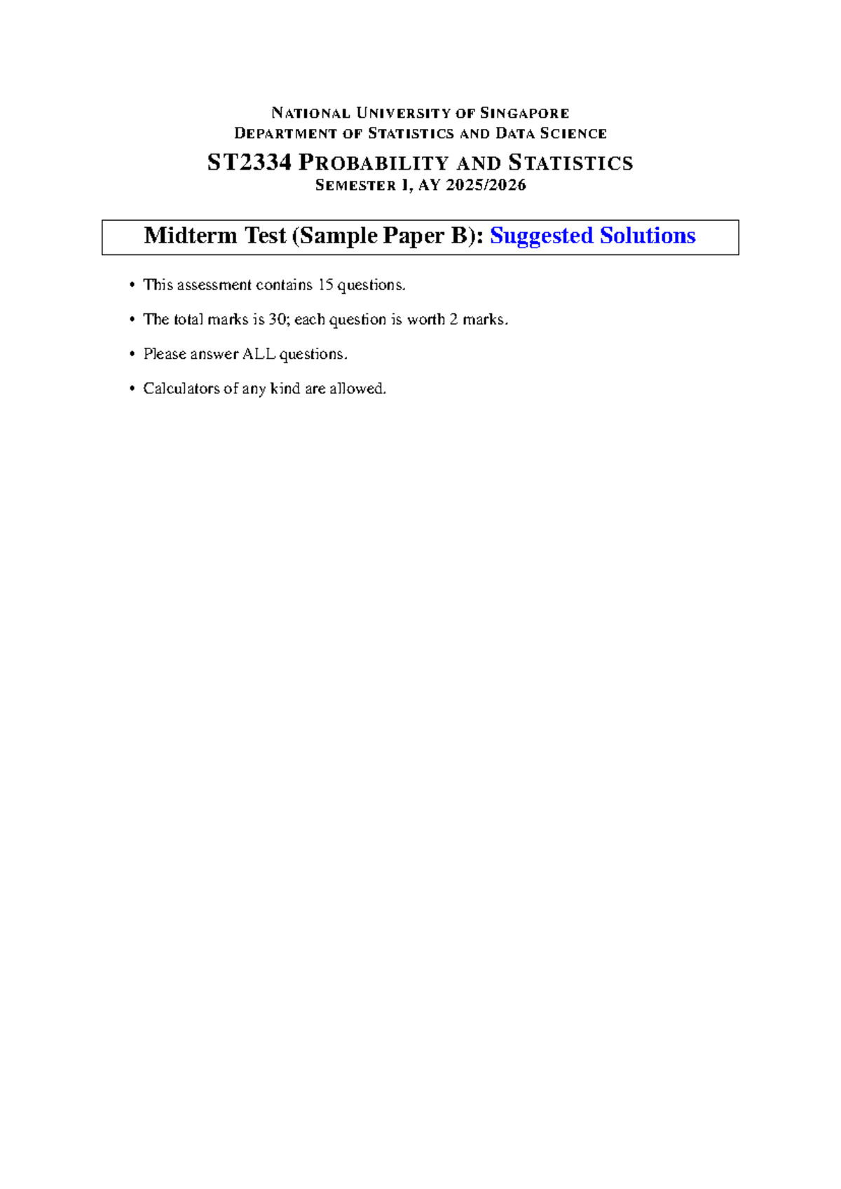 ST2334 Probability and Statistics Midterm Test 2526 Sem 1 Sample B ...