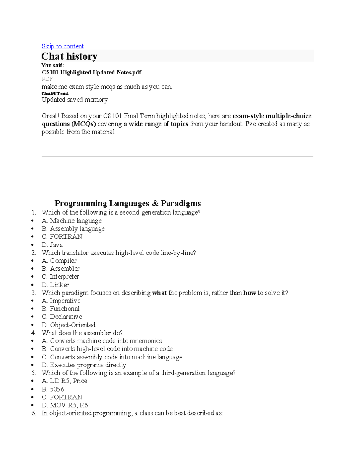 CS101 Final Term MCQs Based on Highlighted Notes - Studocu