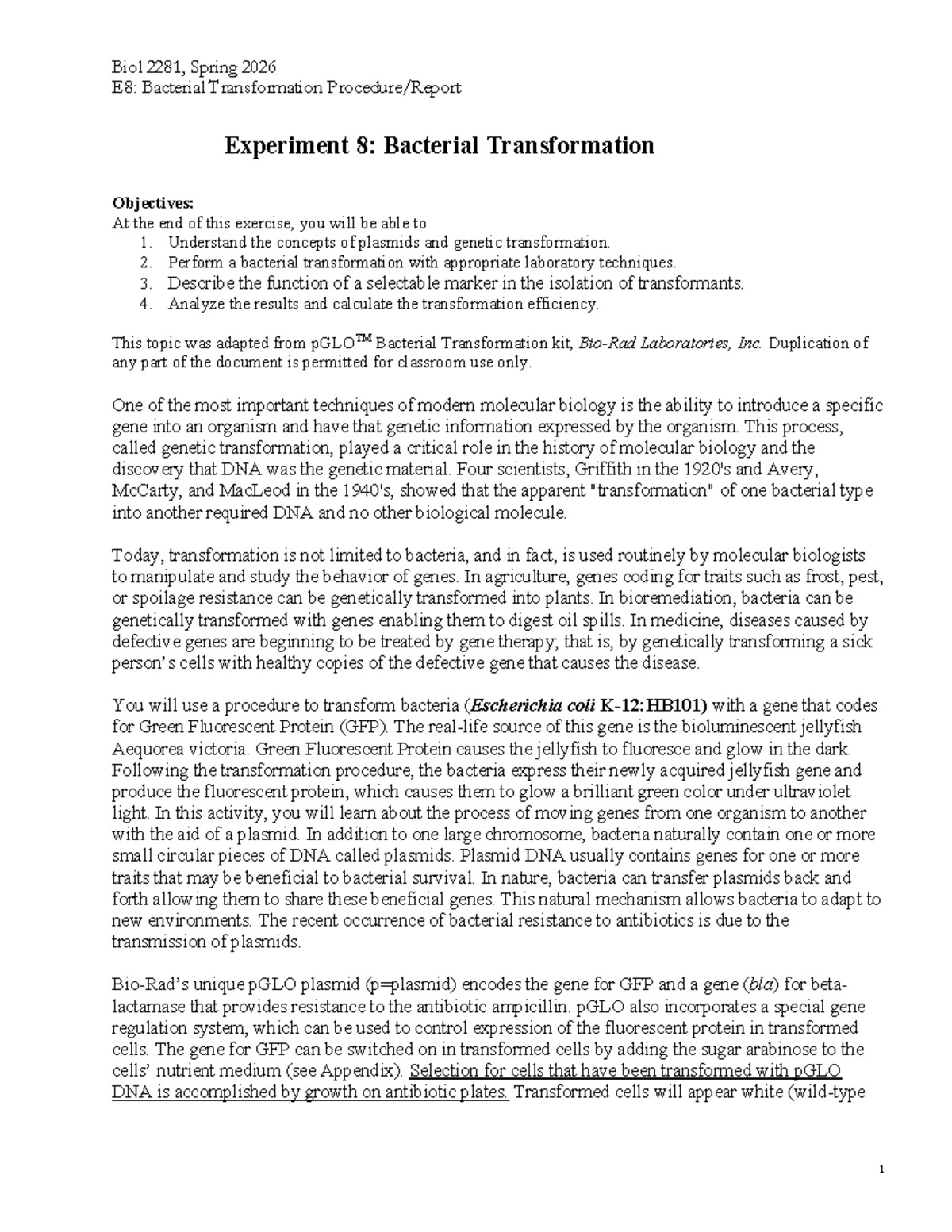 Biol 2281, Spring 2026 E8: Bacterial Transformation Lab Procedure ...