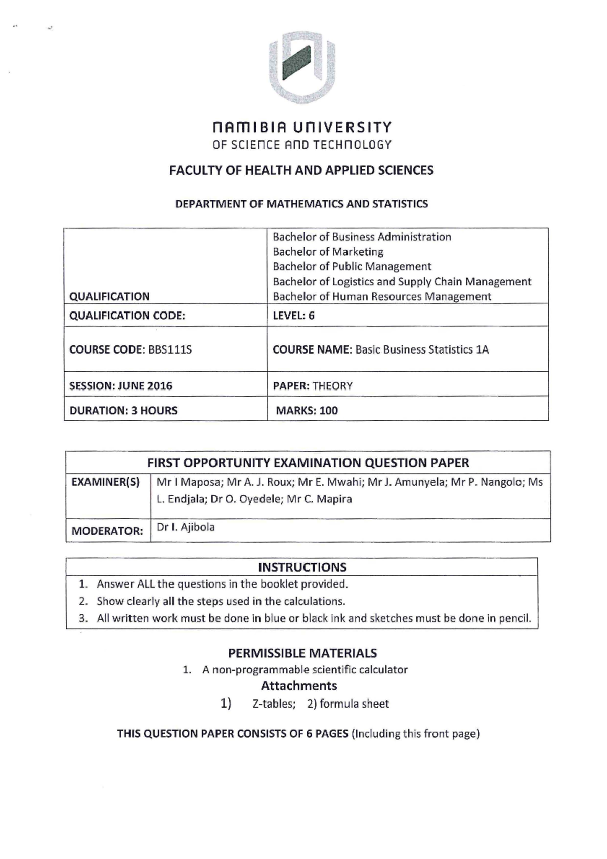 BBS111S - Basic Business Statistics 1A - June 2016 1st Exam Paper - Studocu