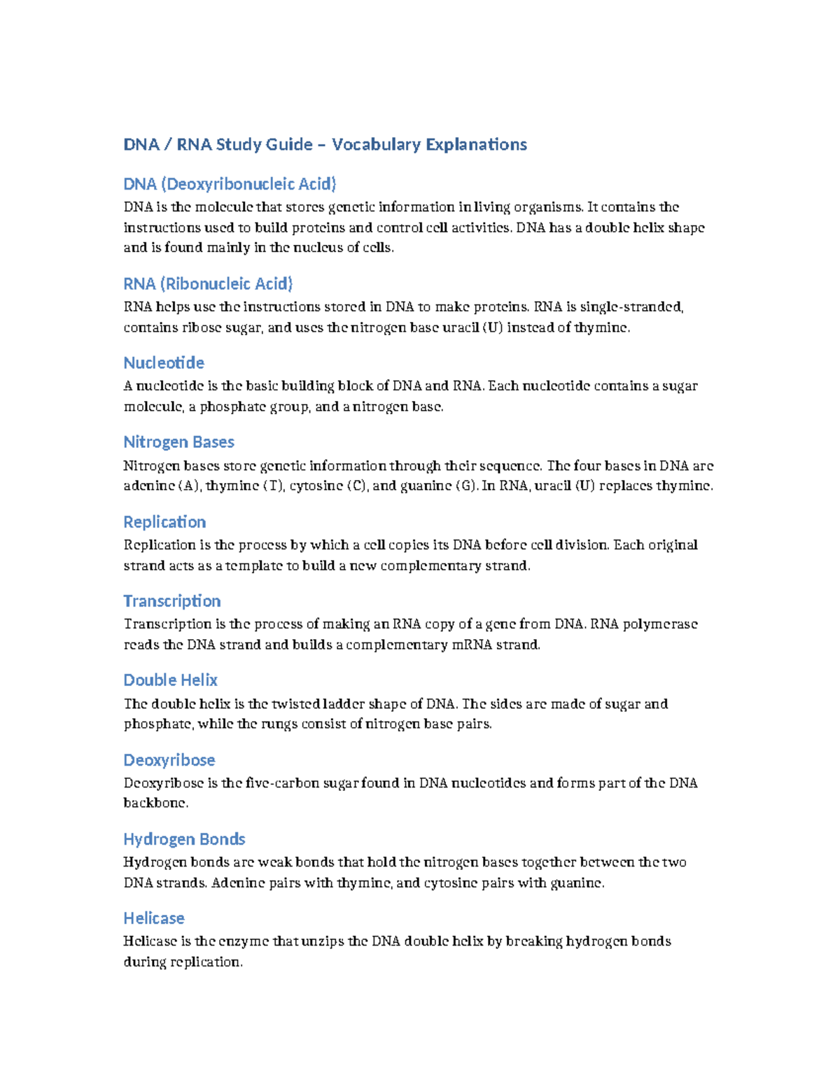 DNA & RNA Study Guide: Key Vocabulary Explanations - Studocu
