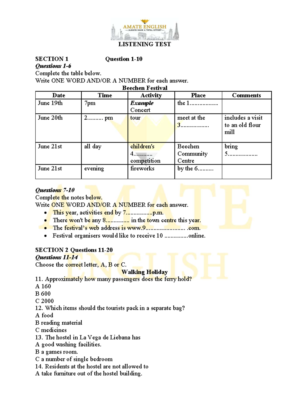 LISTENING TEST SECTION 1 & READING TEST PASSAGE 1-3 Notes and Questions ...