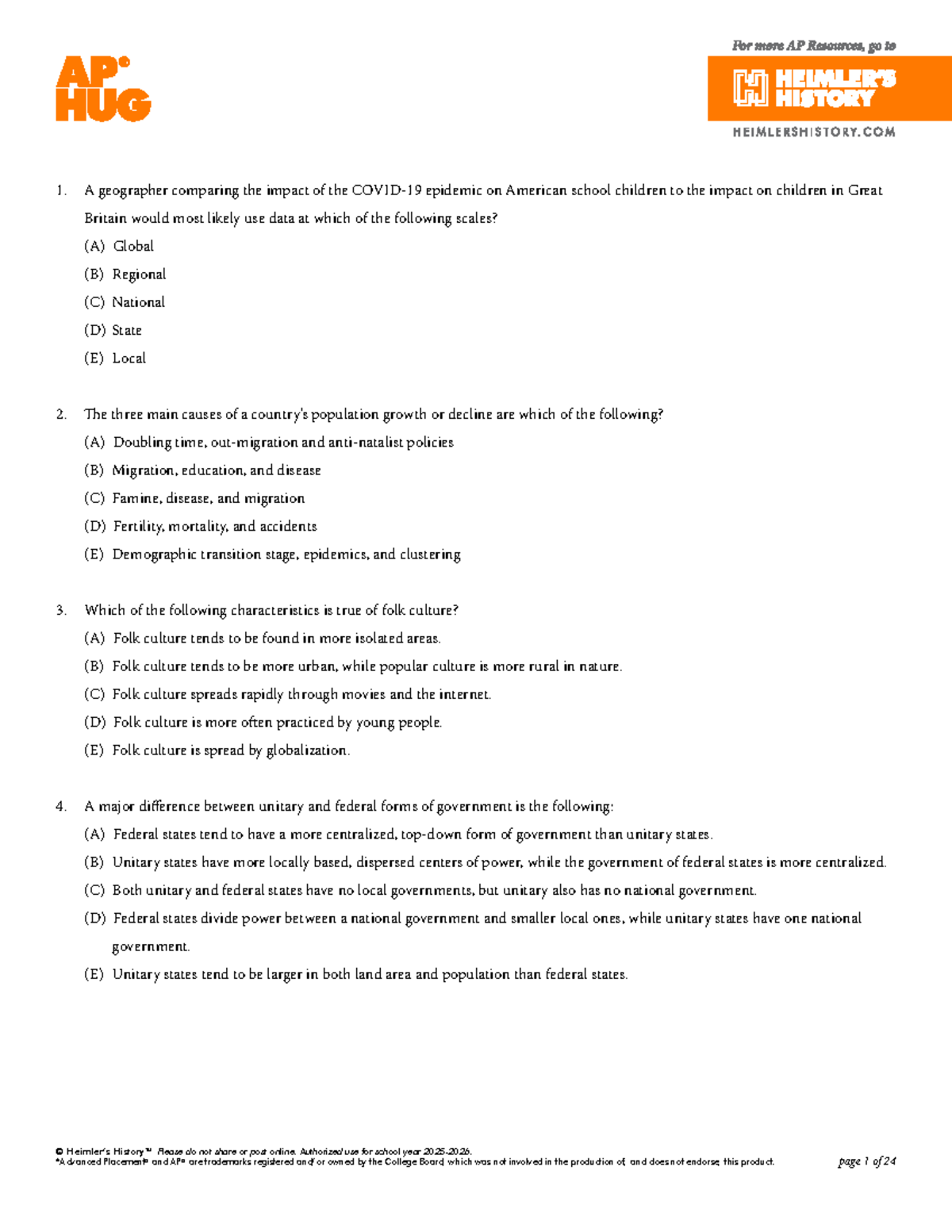 AP HUG Human Geography Practice Exam Questions and Answers - Studocu