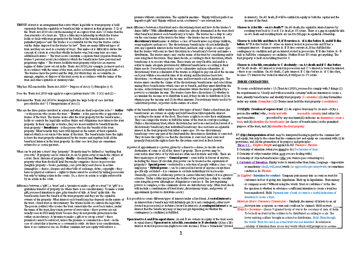 Trusts Exam Notes (LAW 301): Key Concepts and Case Law Analysis - Studocu