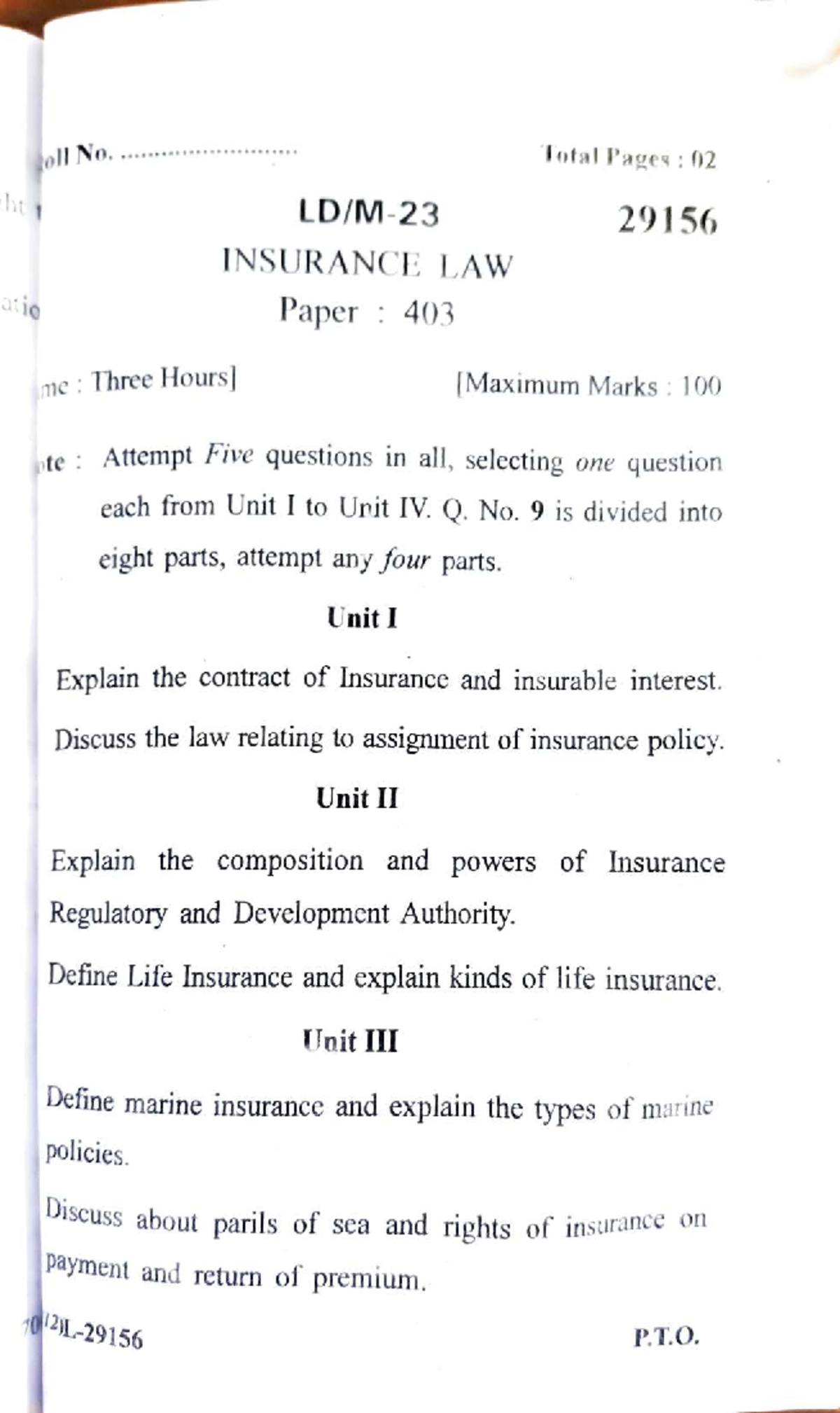 Insurance Law 403 - 2022 Question Paper with Total Marks 100 - Studocu