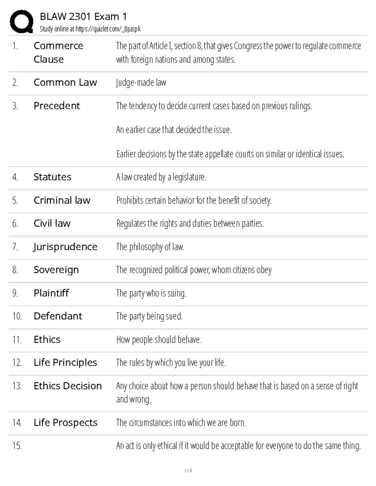 BLAW 2301 Exam 1 Study Guide: Essential Legal Concepts and Terms - Studocu