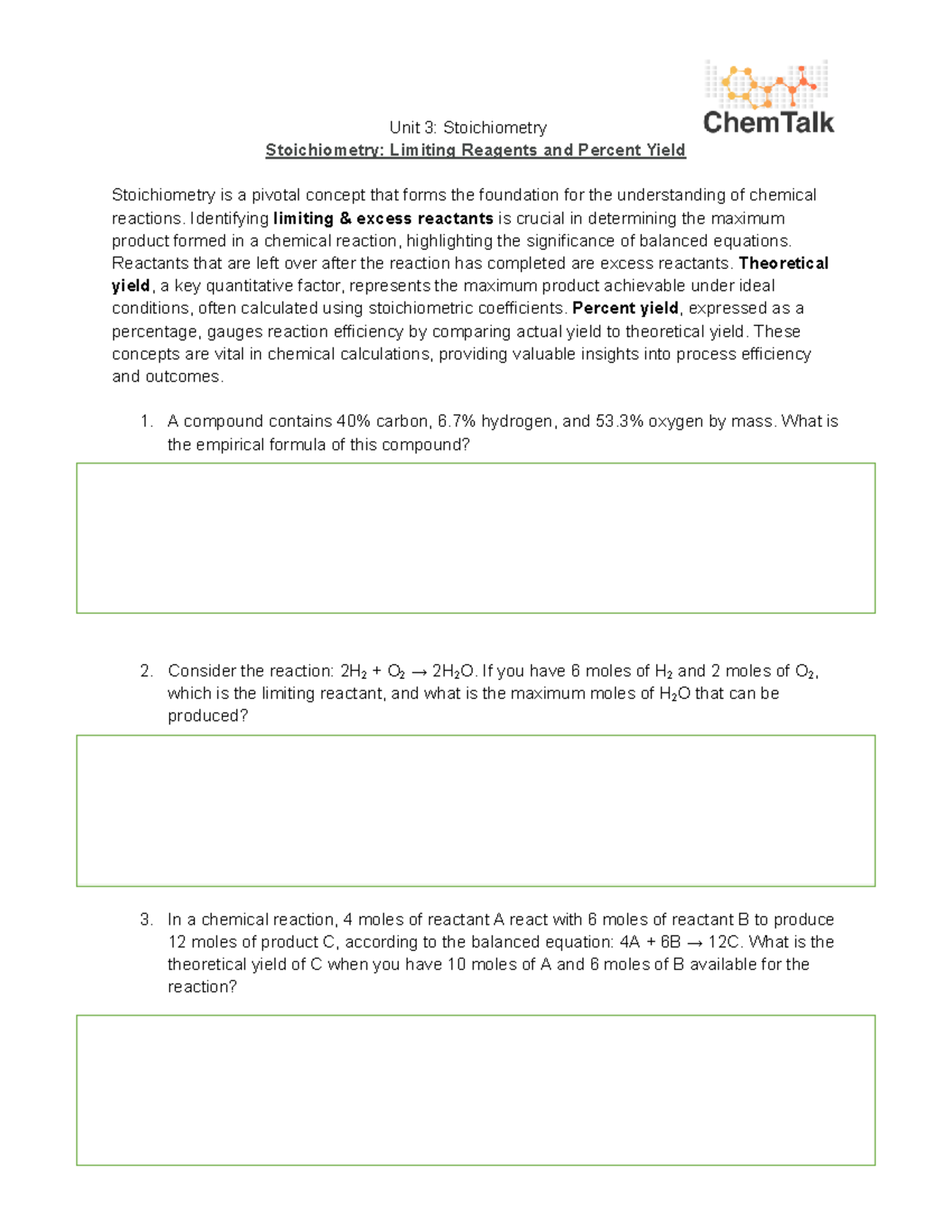 Unit 3: Stoichiometry - Limiting Reagents & Percent Yield Questions ...
