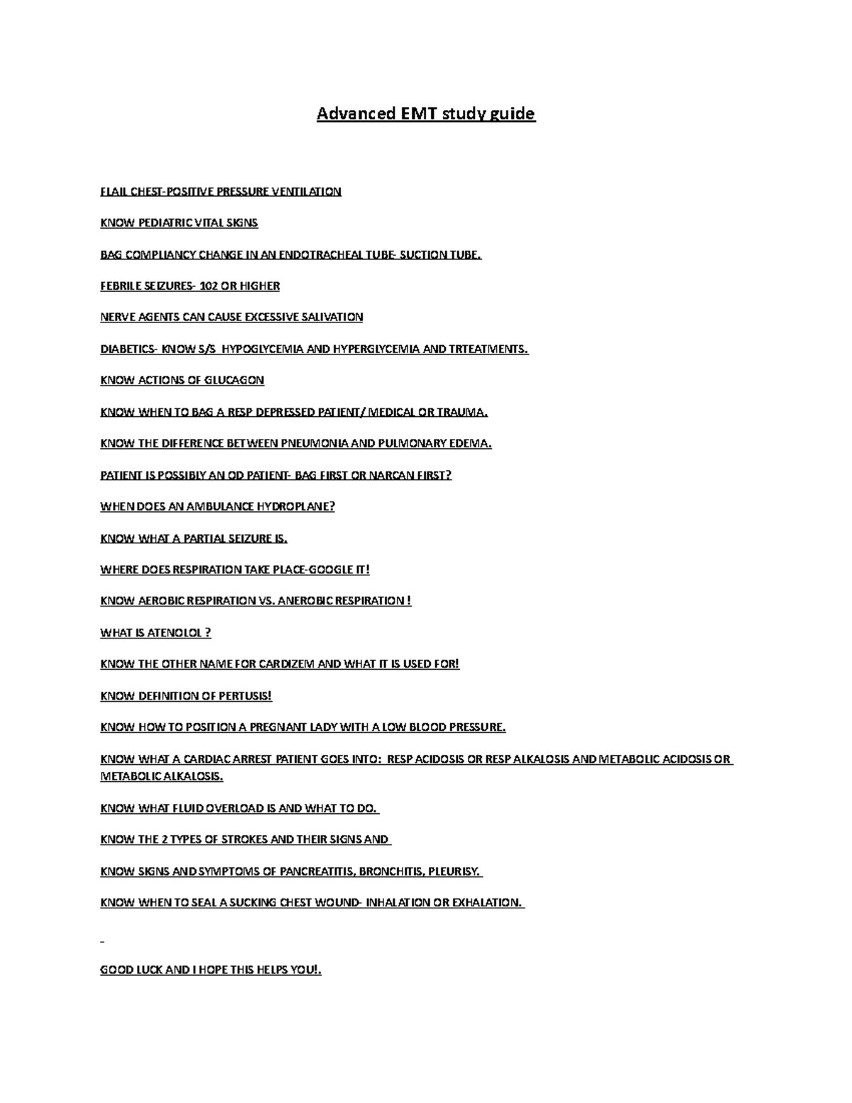 Advanced EMT study guide - FEBRILE 102 OR HIGHER NERVE AGENTS CAN CAUSE EXCESSIVE SALIVATION KNOW - Studocu for Free Printable Emt Practice Test