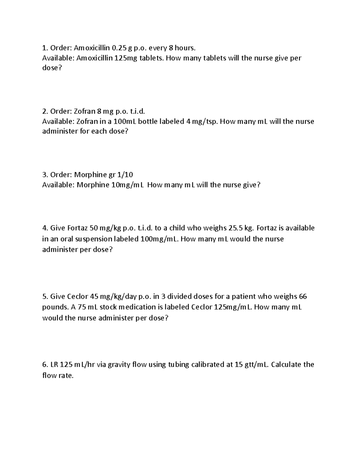 Math Problems Practice for Medications & Infusion Calculations - Studocu