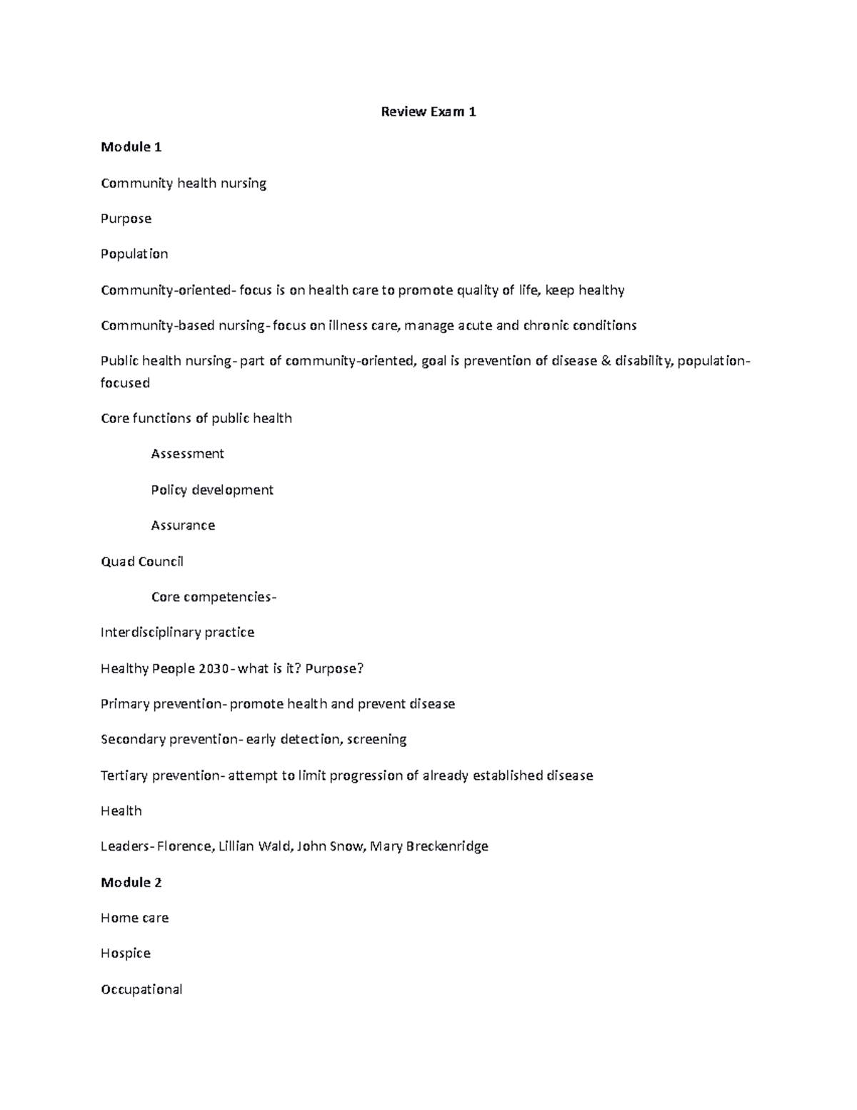 Review of Community Health Nursing Concepts for Exam 1-4 - Studocu