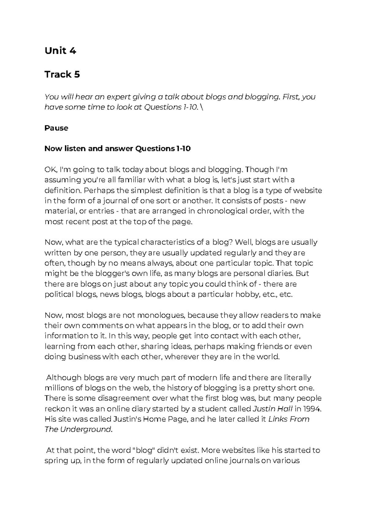 WB UNIT 4 Script - english - Unit 4 Track 5 You will hear an expert ...