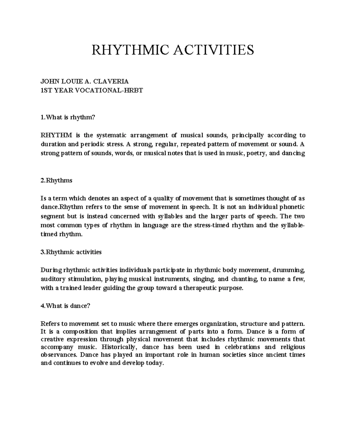 EBT 1st Year: Rhythmic Activity Assignment Overview - Studocu