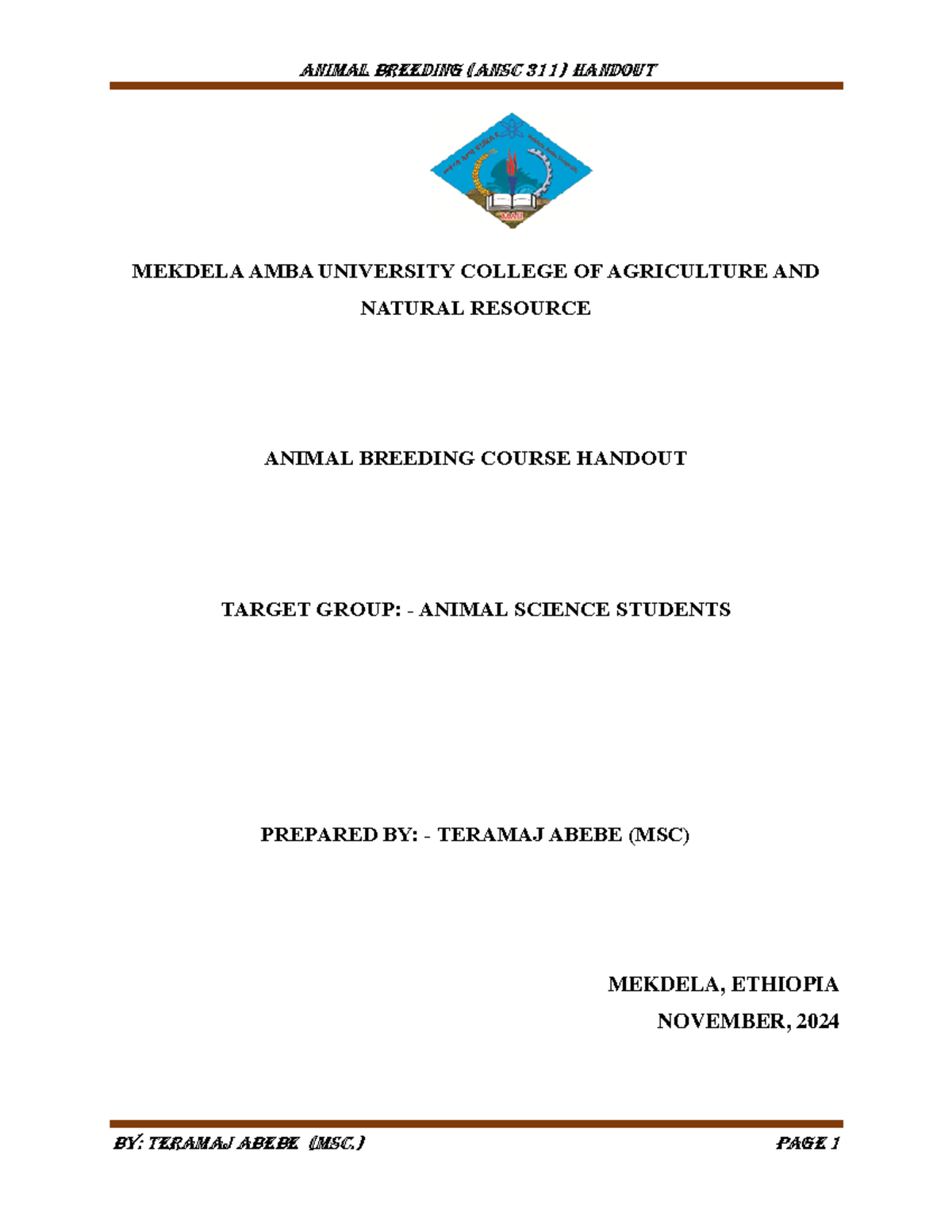 Animal Breeding Course Handout for Animal Science Students (AEB-101 ...