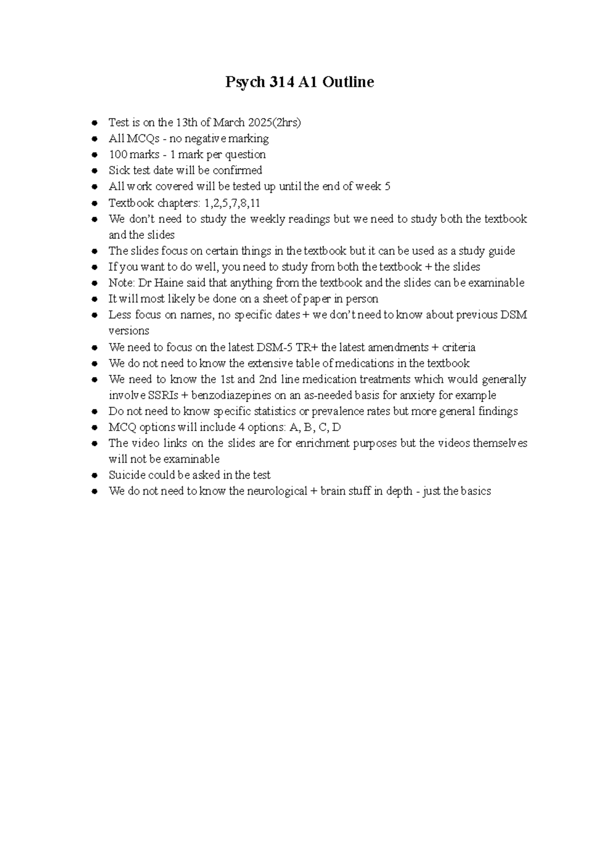 Psych 314 A1 Outline - what you need to learn for exam - Psych 314 A1 ...