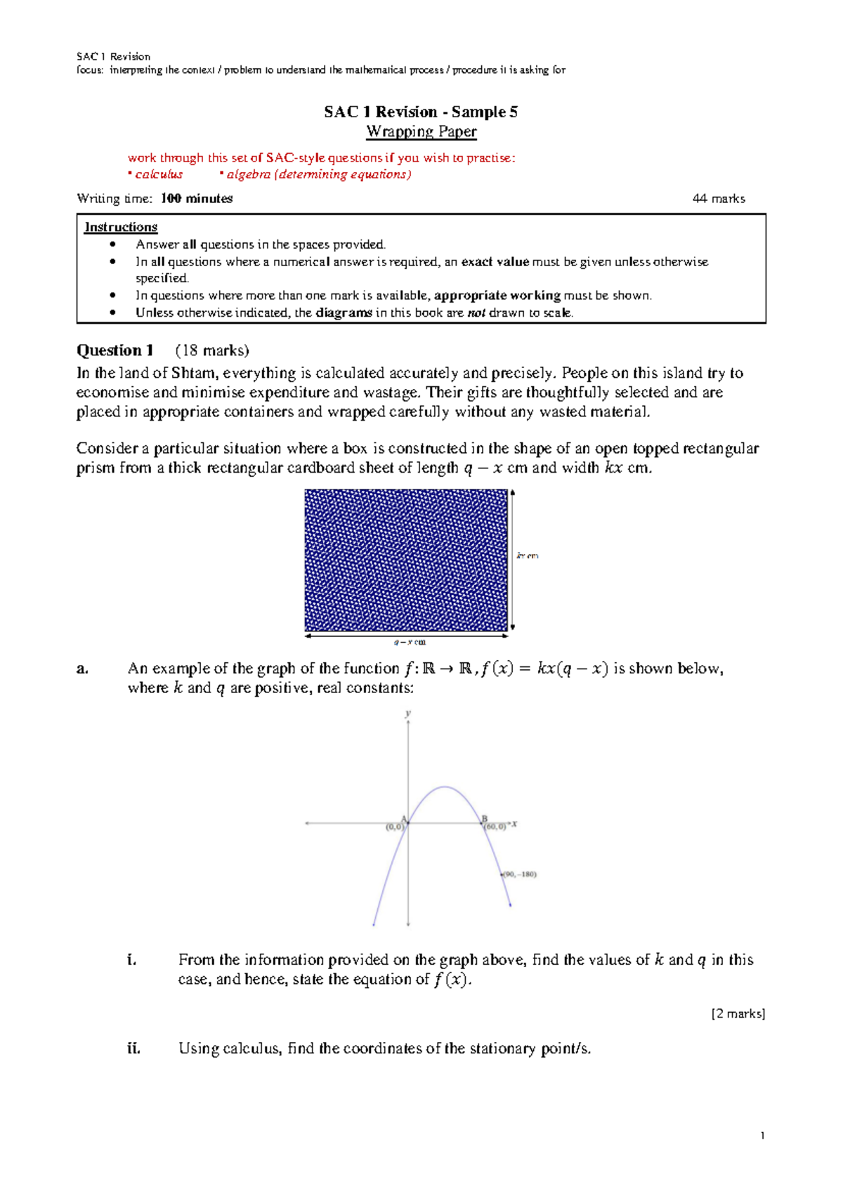 SAC 1 Revision: Area & Volume Questions for Practice - Studocu