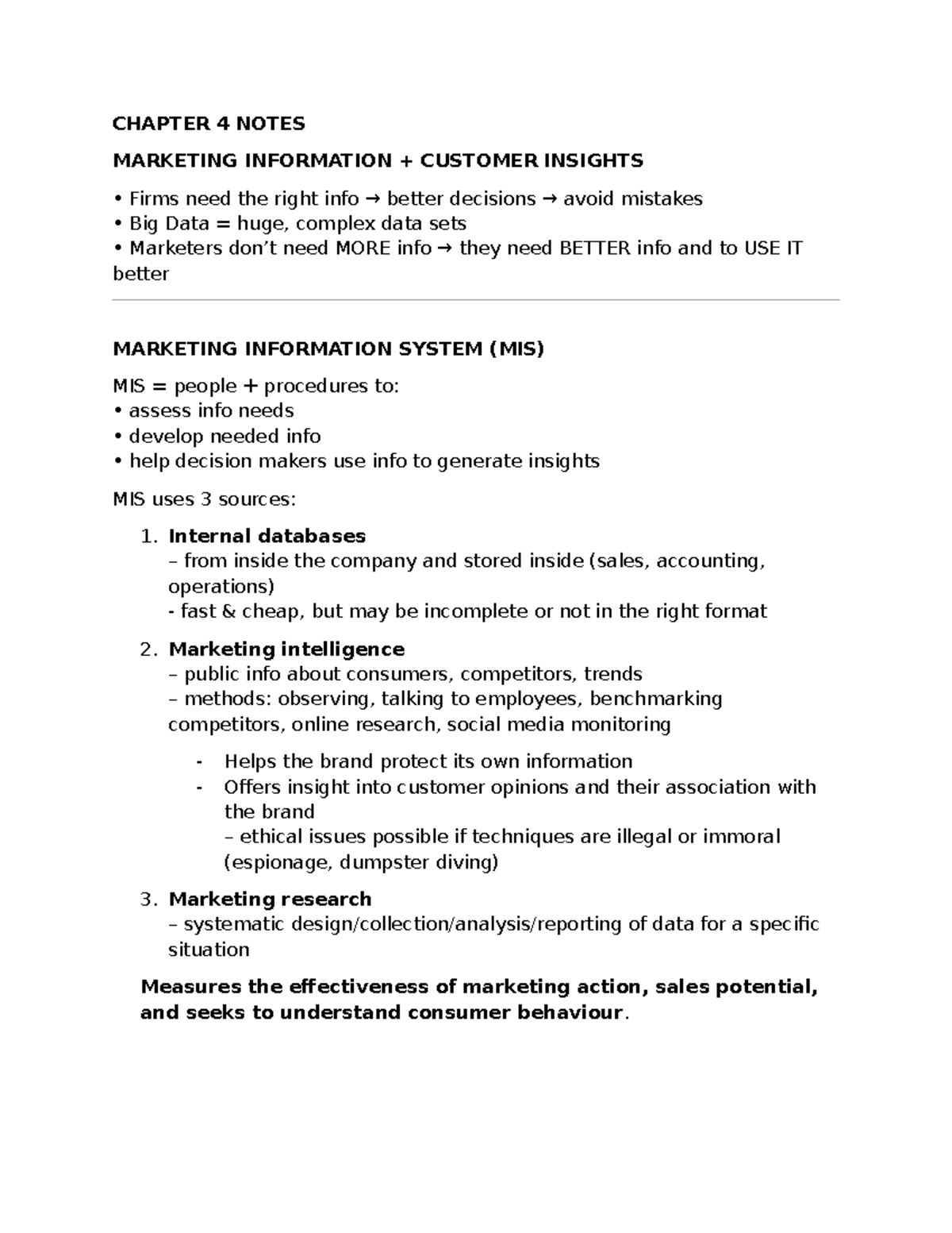 Chapter 4 Notes: Marketing Information & Customer Insights (MARK) - Studocu