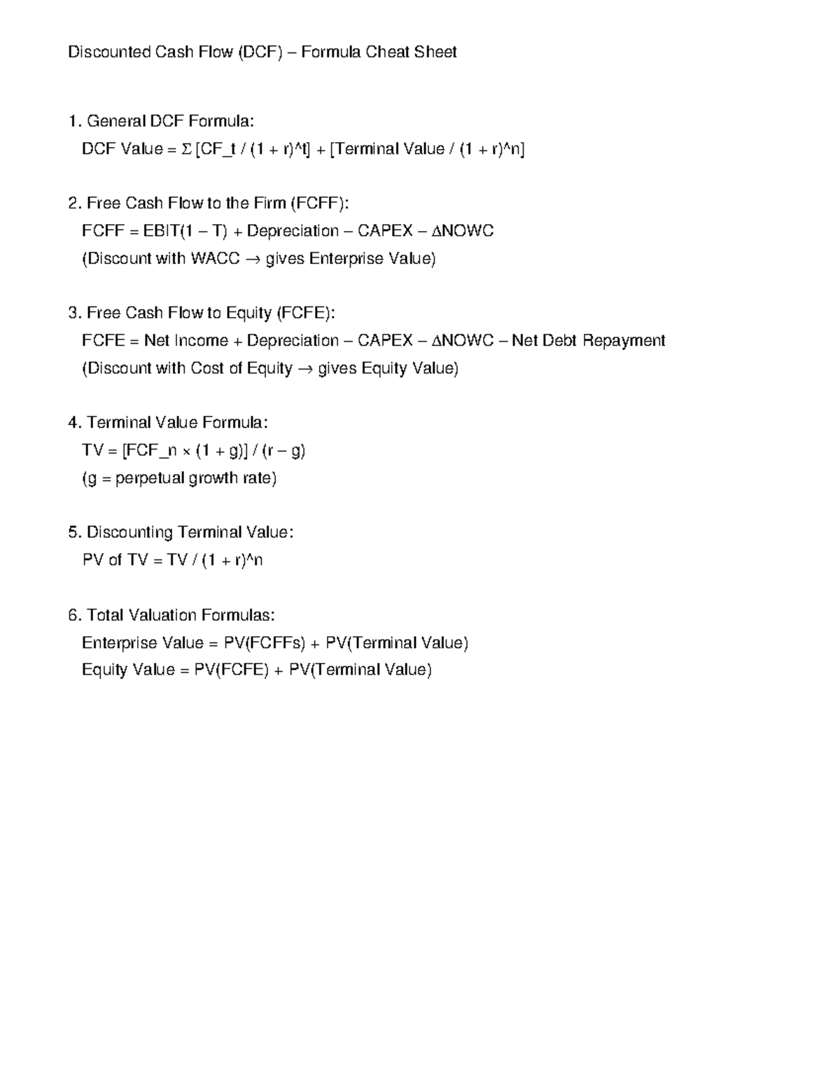 DCF Formula Cheat Sheet - Discounted Cash Flow (DCF) – Formula Cheat ...