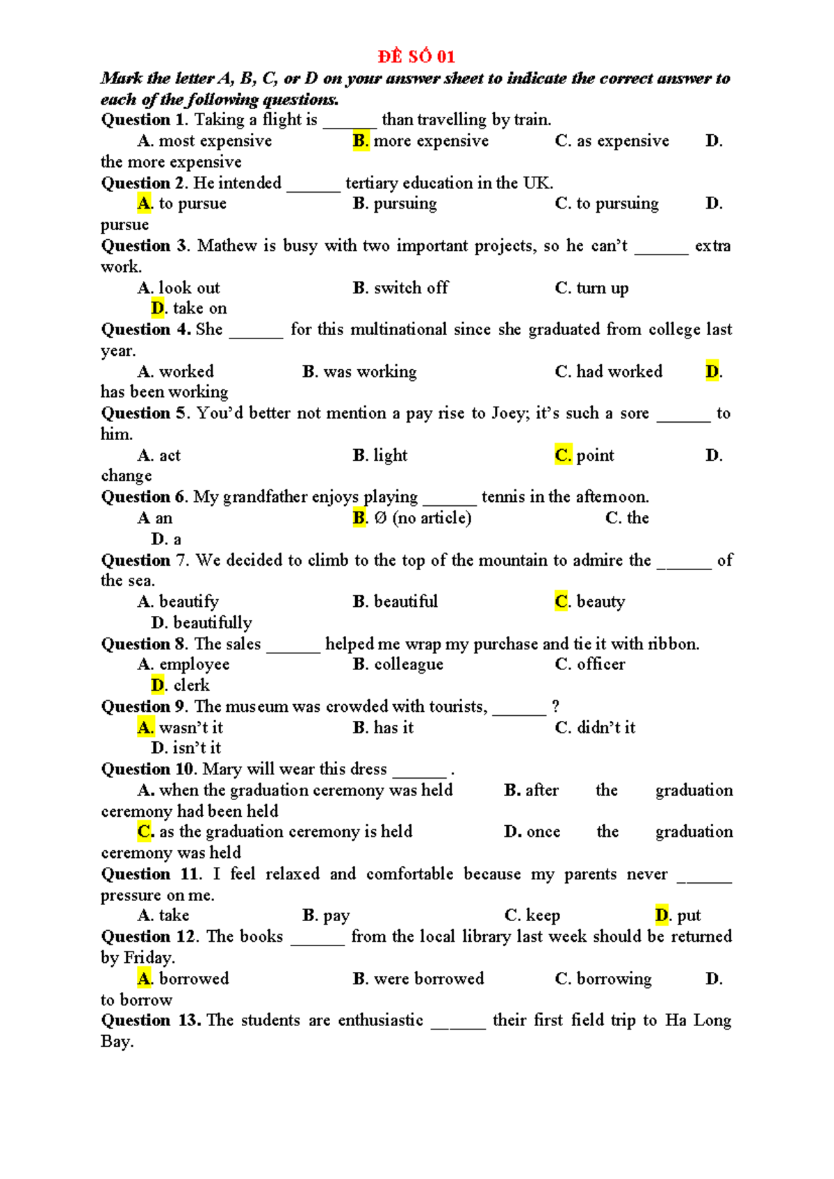 ĐỀ SỐ 01 Grade 12 - English Practice Questions and Answers - Studocu