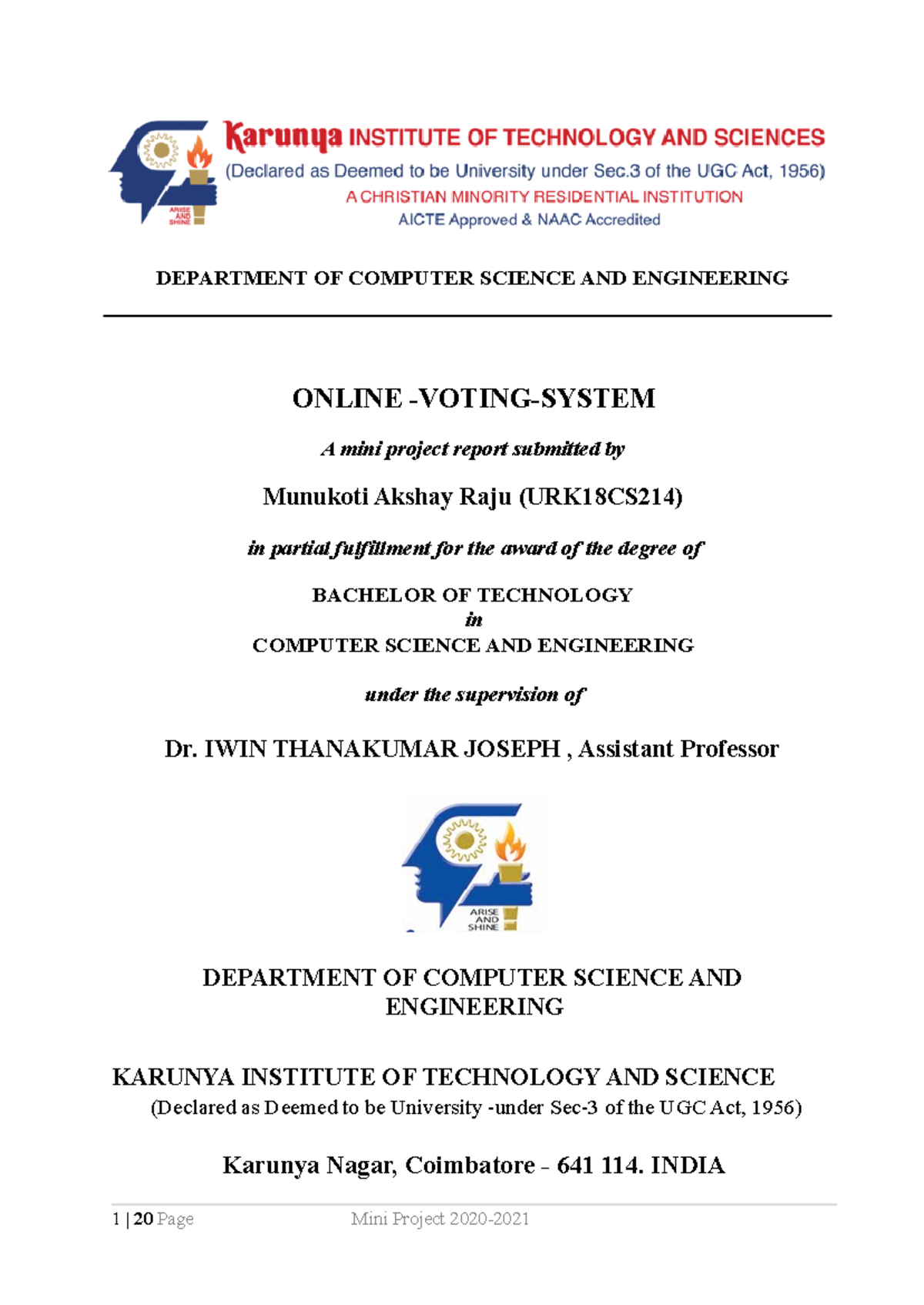 Mini Project Report: Online Voting System (URK18CS214) - Studocu