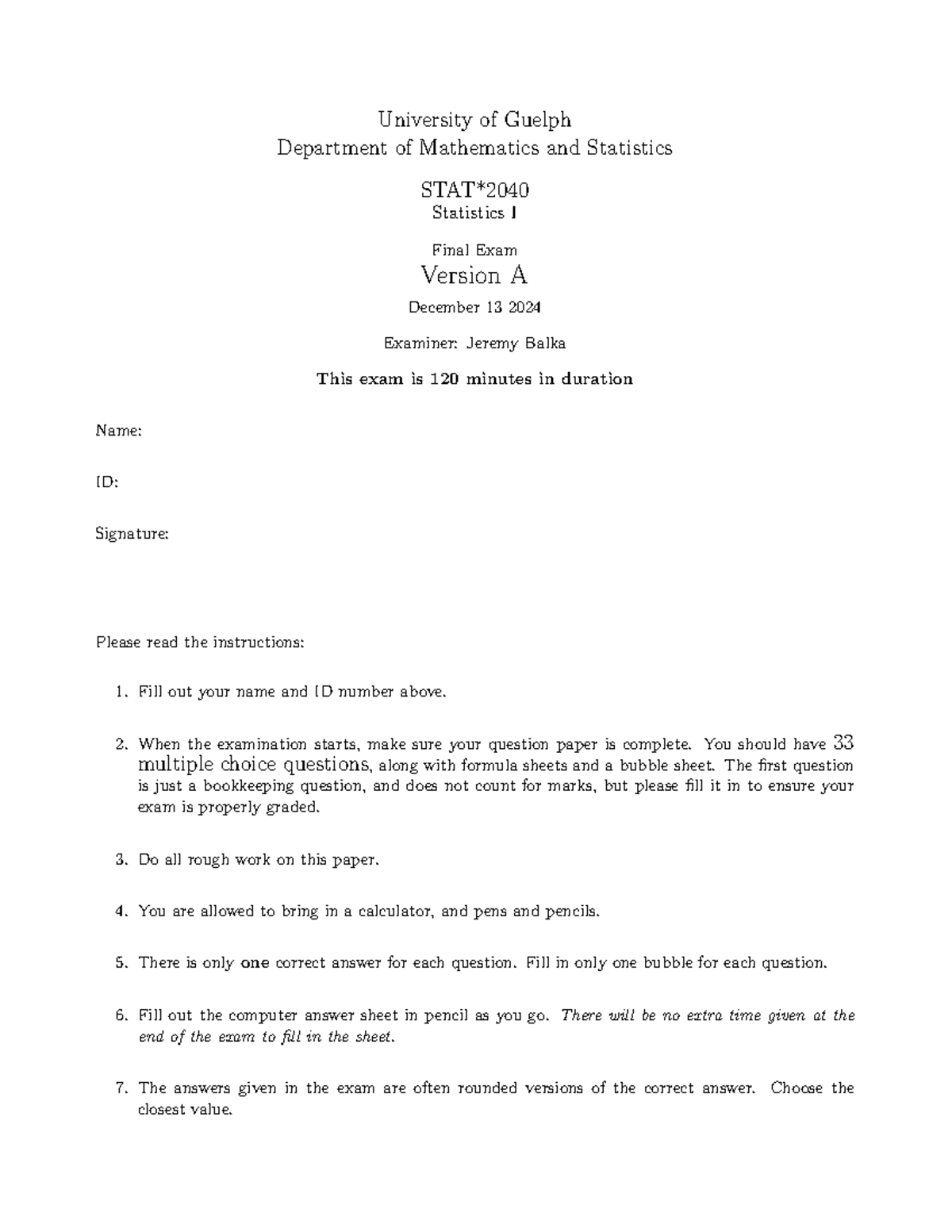 Statistics I Final Exam (2040 F24) Version A - December 2024 - Studocu