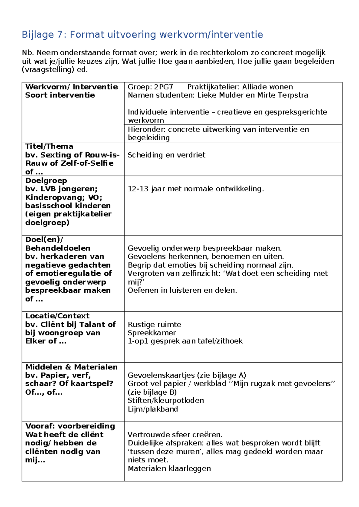 Uivoering Werkvorm: Scheiding en Verdriet - 2PG7 Interventie - Studeersnel