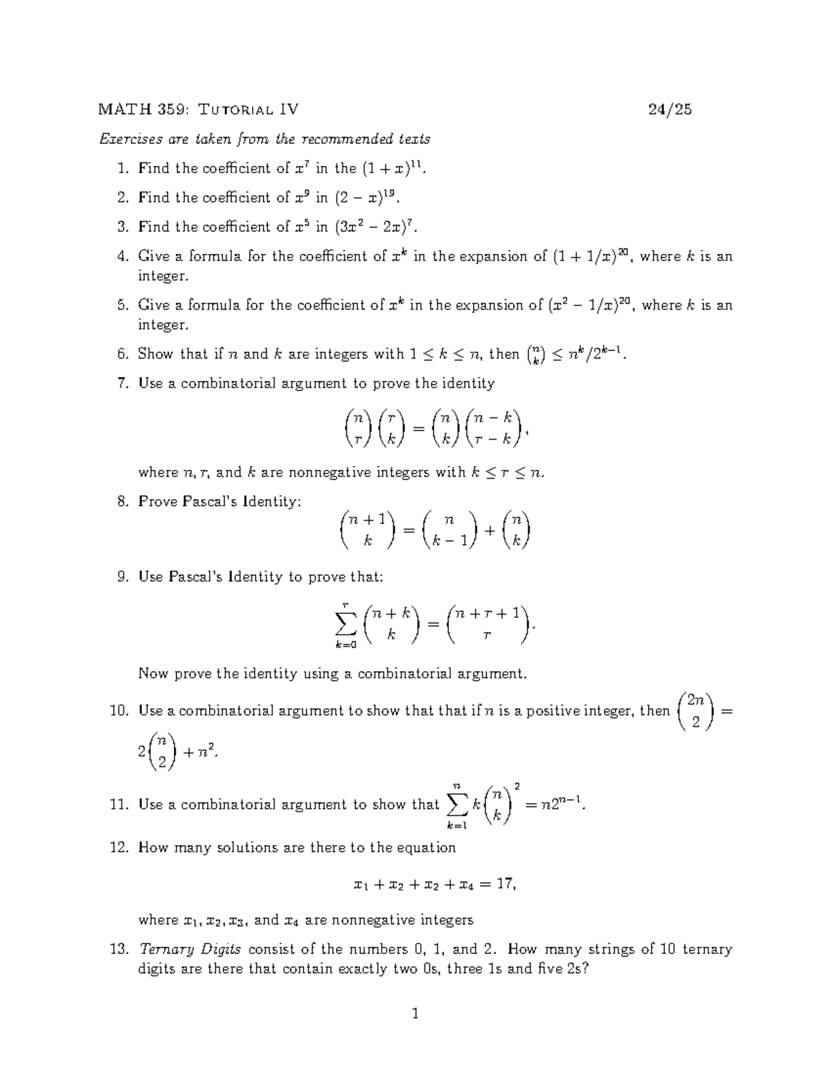 MATH 359: Tutorial IV Exercises and Solutions on Combinatorics - Studocu