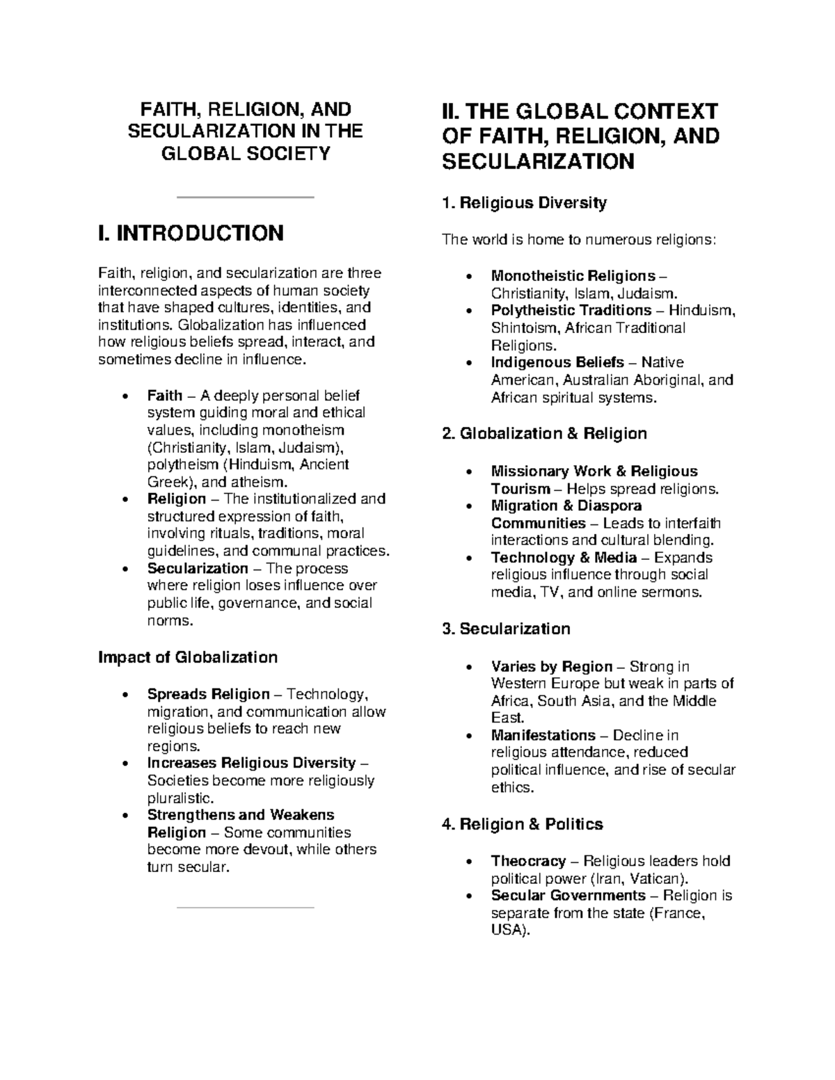 FAITH, RELIGION, AND SECULARIZATION IN GLOBAL SOCIETY II: A REVIEW ...