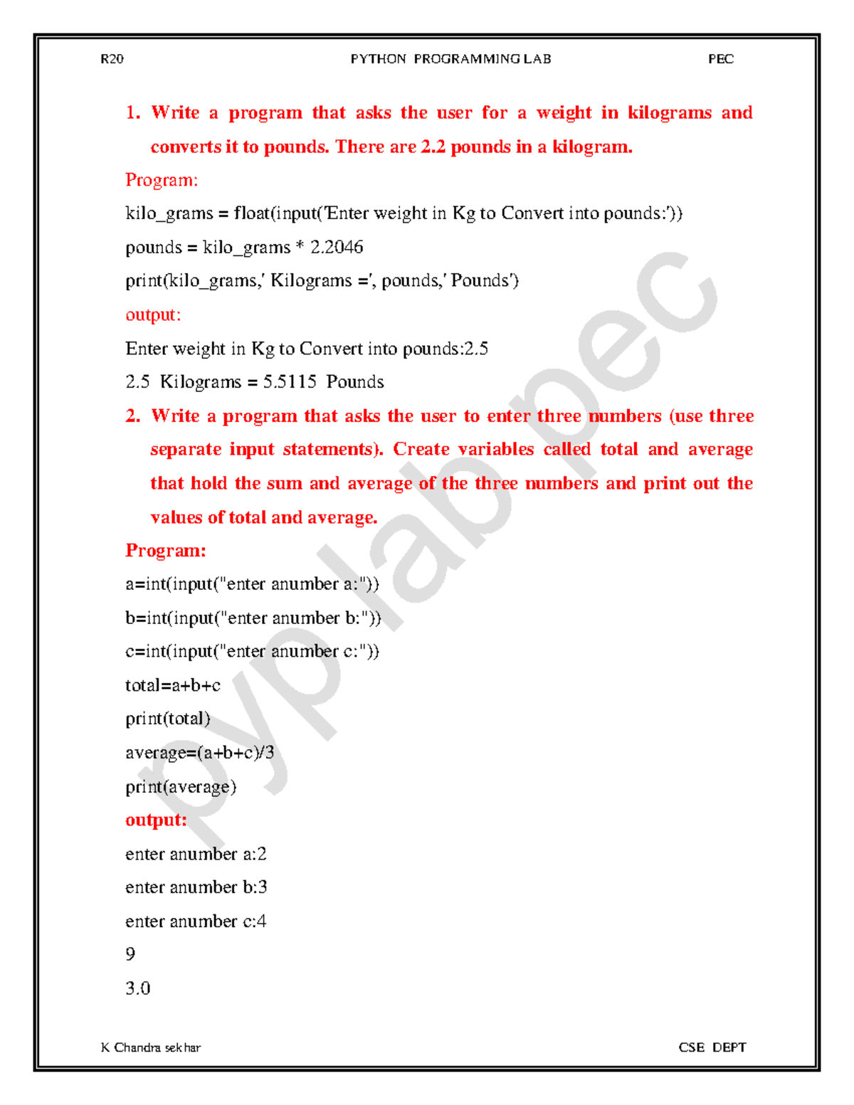 R20 PYTHON PROGRAMMING LAB PEC - Comprehensive Programming Exercises ...