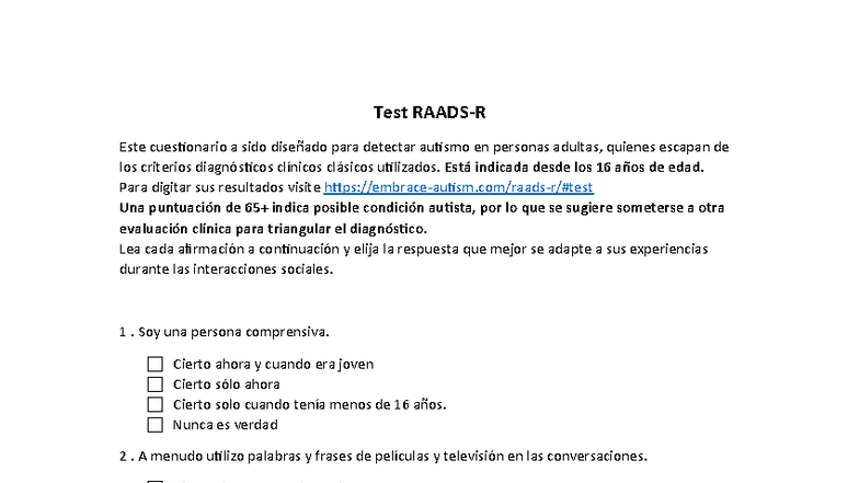 Test Raads-R para la Detección de Autismo en Adultos - Studocu