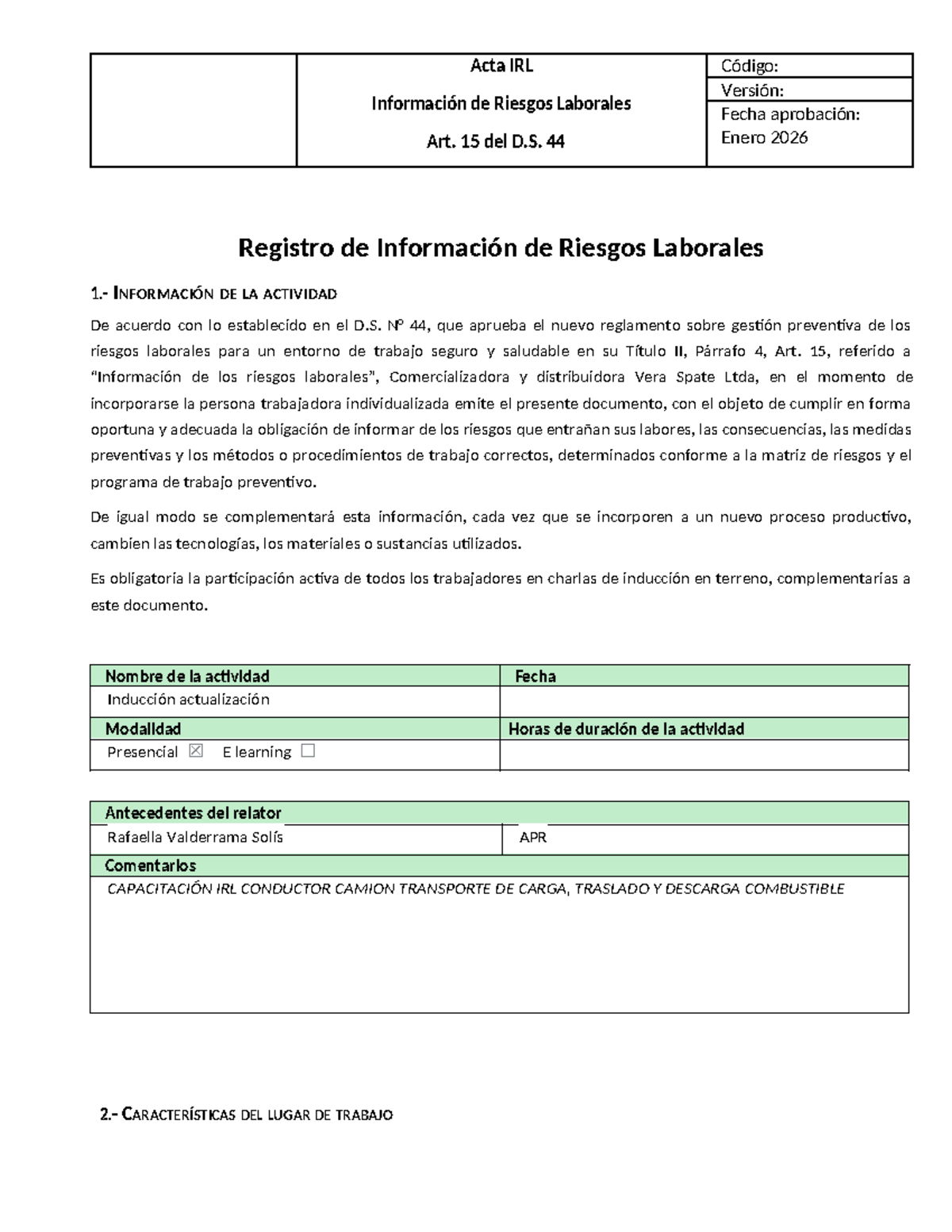 Acta IRL: Información de Riesgos Laborales para Conductores de Camión - Document Preview