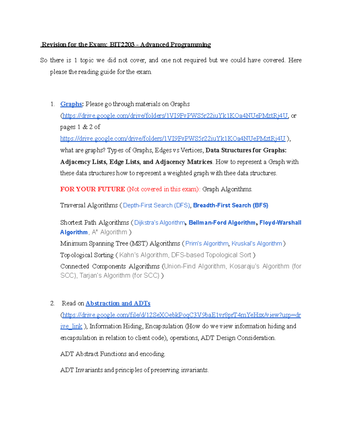 20232024 Exam Reading Guide - Revision for the Exam: BIT2203 - Advanced ...