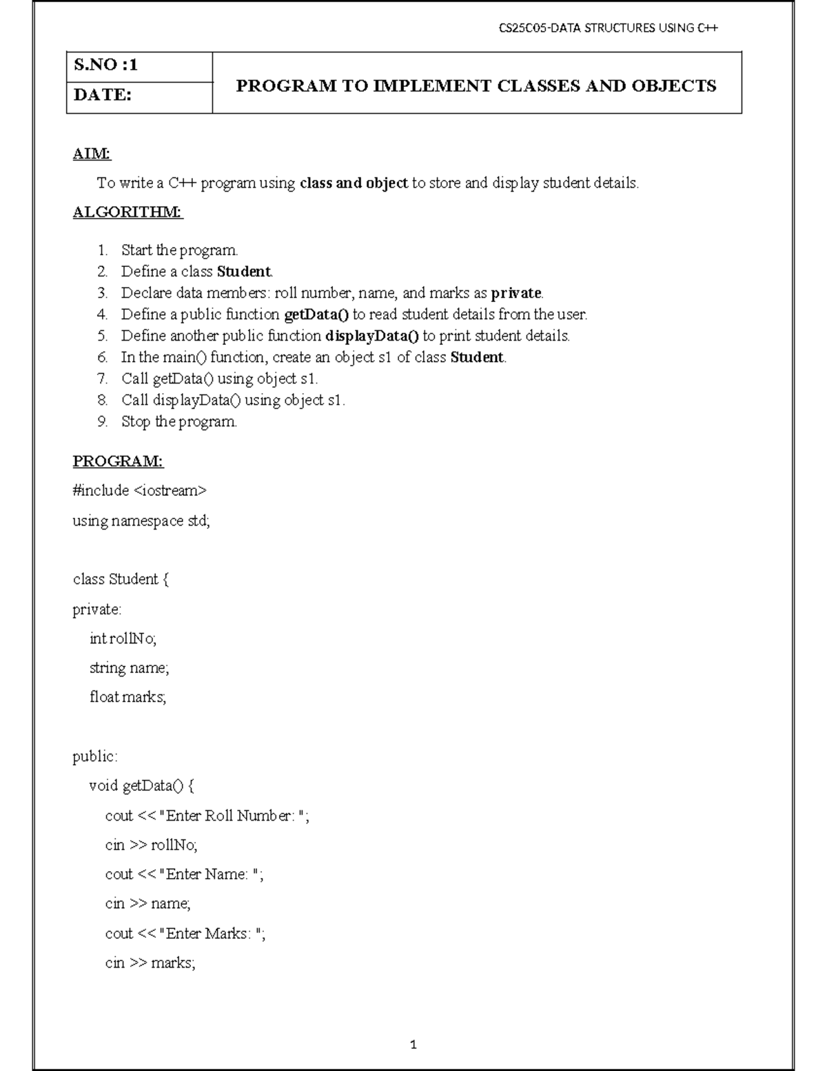 CS25C025 - Data Structures Using C++: Class and Object Implementation ...