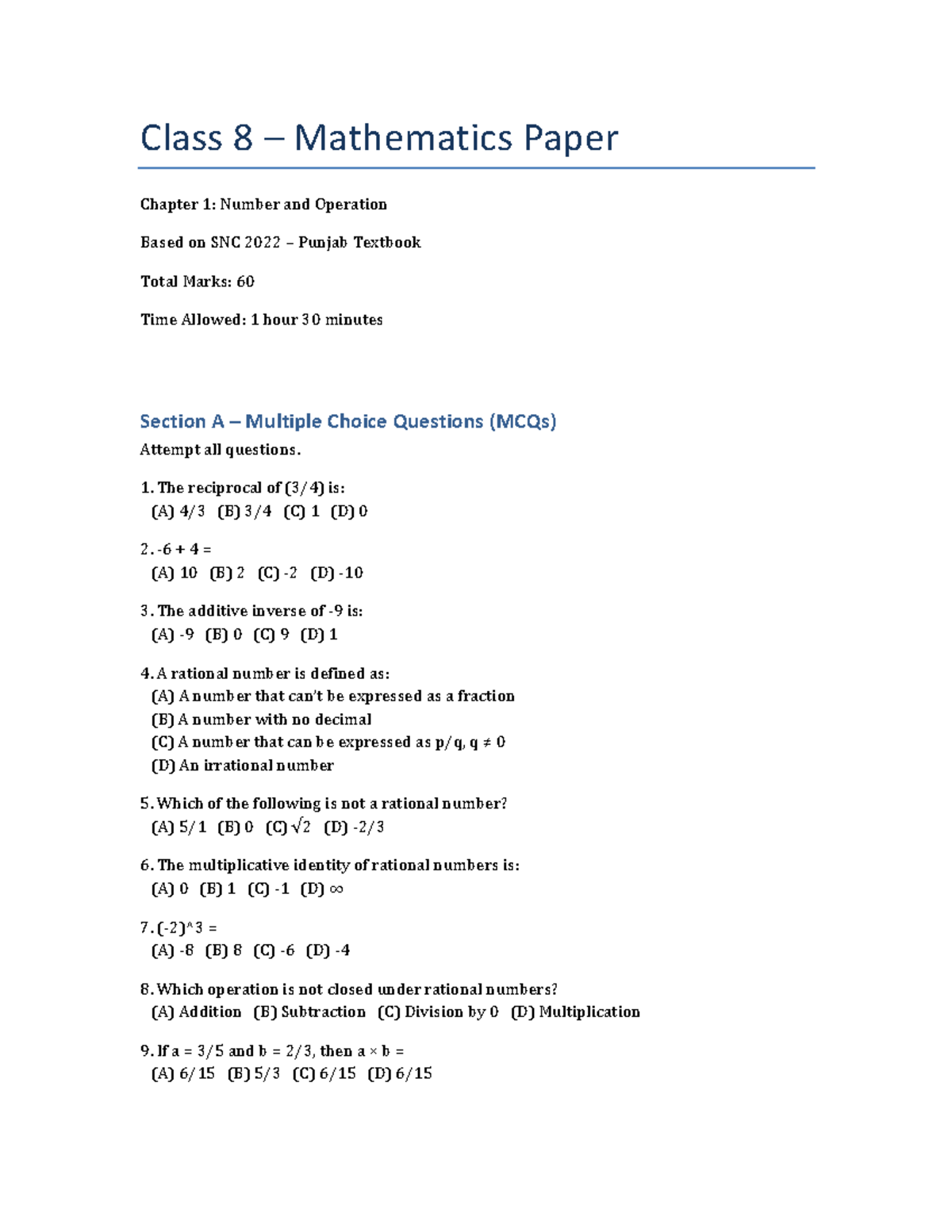 Class 8 Math SNC 2022: Chapter 1 - Number & Operations MCQs - Studocu