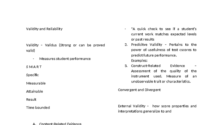 Validity and Reliability in Student Performance Assessment - Studocu