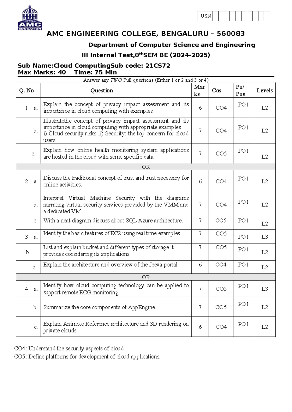 Cloud Computing Internal Test 21CS72 - 8th Sem BE Exam Notes - Studocu