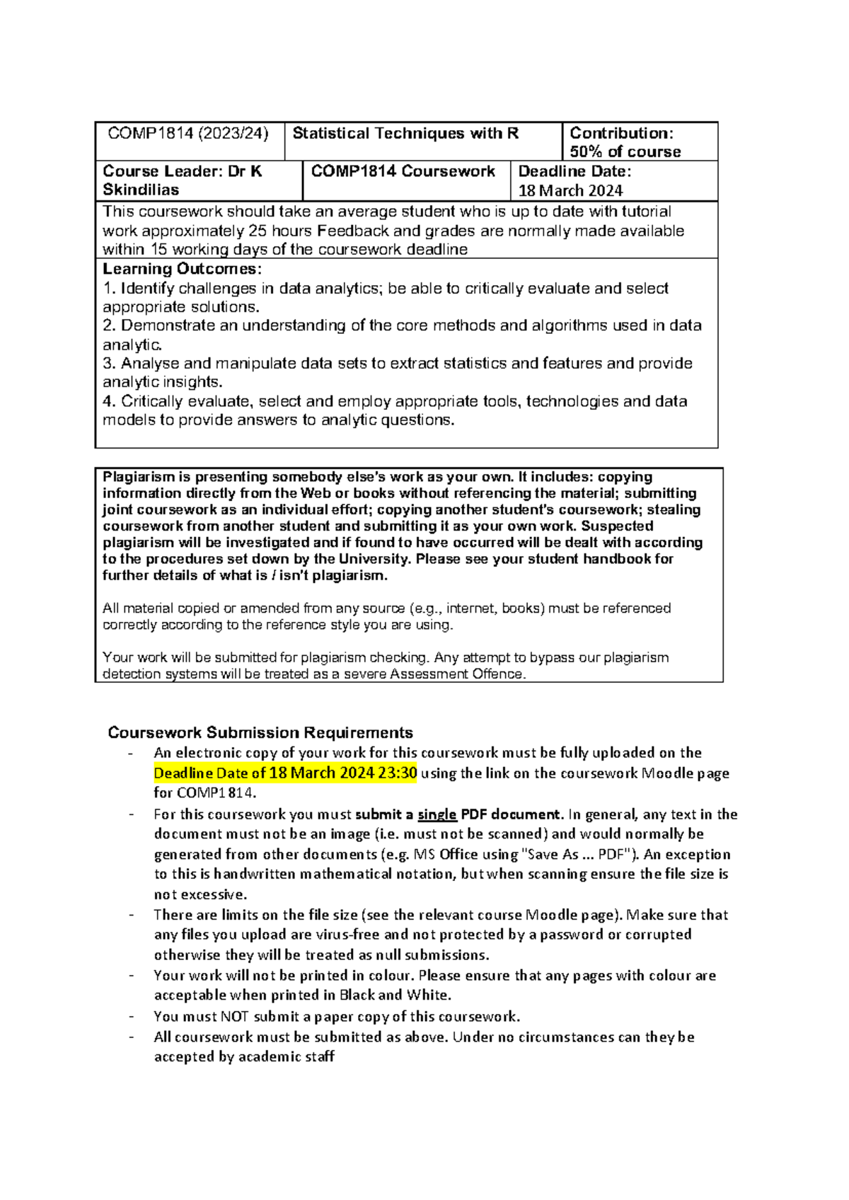 COMP1814 202324 Coursework - COMP1814 (20 23 /2 4 ) Statistical ...
