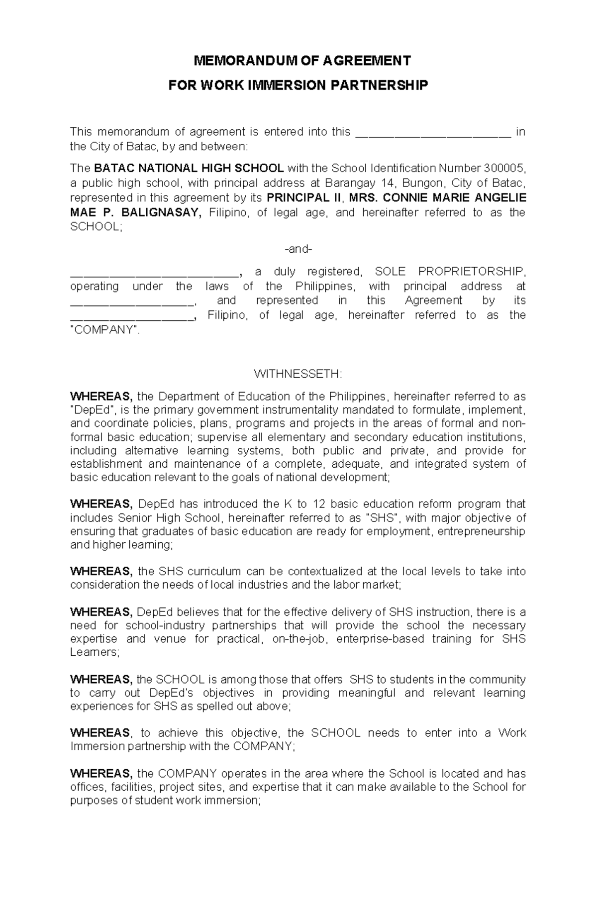 MOA-Private - Work Immersion Partnership Agreement for SHS - Studocu