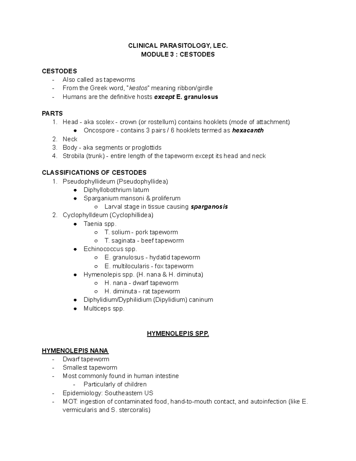 Cestodes Notes for Clinical Parasitology (Lec.): Module 3 - Studocu