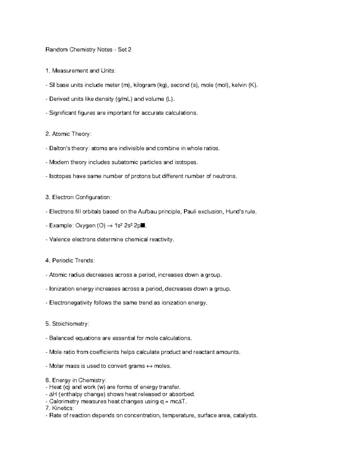 Chemistry Notes Set 2: Key Concepts and Principles - Studocu